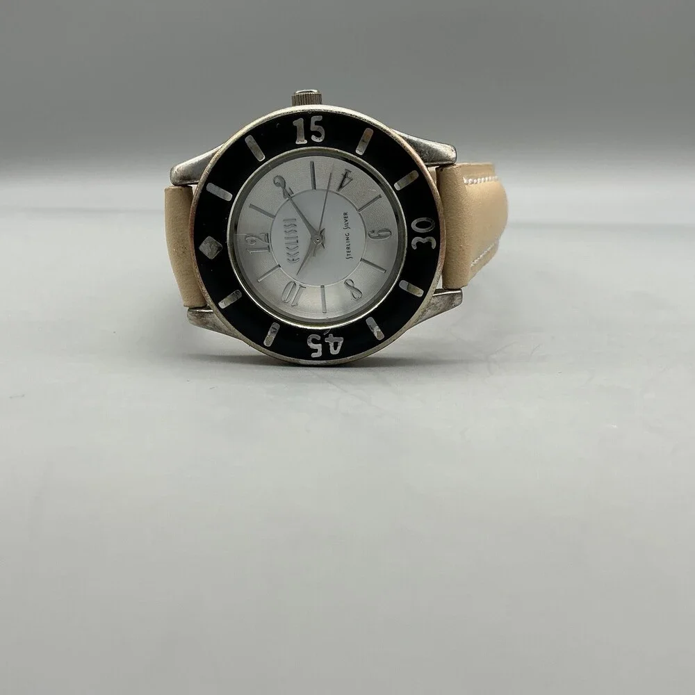 Ecclissi Womens Watch 33mm Sterling Silver Black Beige Leather 23515 New Battery